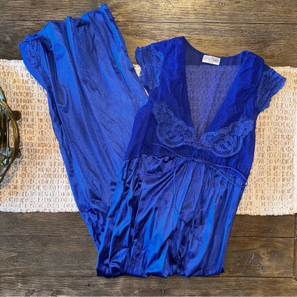Lily of France Vintage USA Blue Sheer Lace Sleeping Gown Nightie Size M